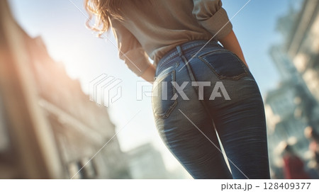 街中を歩く女性の後ろ姿とデニムファッション｜都会, カジュアル, 自由	 128409377