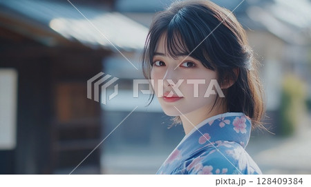 桜柄の着物を着た若い女性のポートレート 128409384