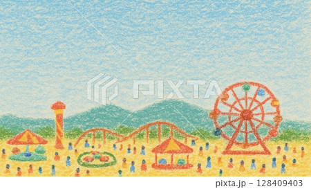 遊園地全景のクレヨン画(16:9 横長バナー コピースペース) 遊園地全景のクレヨン画(16:9 横長バナー コピースペース) 128409403