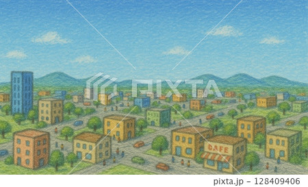 ある晴れた日の街の風景のイラスト(16:9 横長バナー コピースペース) 128409406