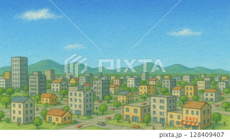 ある晴れた日の街の風景のイラスト2(16:9 横長バナー コピースペース) 128409407
