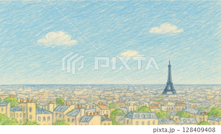 ある晴れた日のパリの風景のイラスト(16:9 横長バナー コピースペース) 128409408