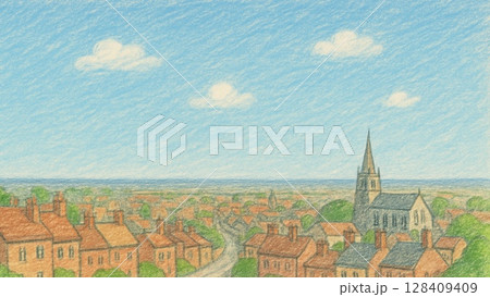 ある晴れた日のヨーロッパ中世の街並みのイラスト(16:9 横長バナー コピースペース) 128409409