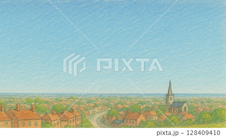 ある晴れた日のヨーロッパ中世の街並みのイラスト(16:9 横長バナー コピースペース) 128409410