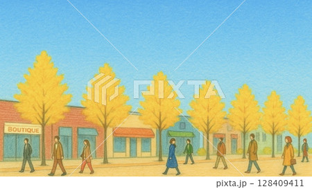 銀杏並木の街並みを行き交う人々(16:9 横長バナー　コピースペース) 128409411