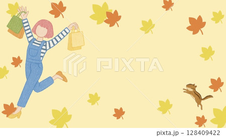 ショッピングをしてはしゃぐ女の子とりす(16:9 横長バナー コピースペース) ショッピングをしてはしゃぐ女の子とりす(16:9 横長バナー コピースペース) 128409422