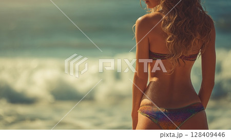 ビーチに立つビキニ姿の女性の後ろ姿｜夏, 海, ヘルシー 128409446