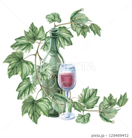 Composition with grapevine, bottle of red wine and glass. Isolated watercolor illustration in realistic style for restaurant menu design, bar interior, textile printing. Composition with grapevine, bottle of red wine and glass. Isolated watercolor illustration in realistic style for restaurant menu design, bar interior, textile printing. 128409452