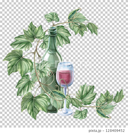 Composition with grapevine, bottle of red wine and glass. Isolated watercolor illustration in realistic style for restaurant menu design, bar interior, textile printing. Composition with grapevine, bottle of red wine and glass. Isolated watercolor illustration in realistic style for restaurant menu design, bar interior, textile printing. 128409452