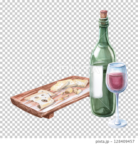 Wooden tray with different types of cheese and a bottle of red wine. Isolated watercolor illustration in a realistic style for restaurant menu design, bar interior, textile printing. Wooden tray with different types of cheese and a bottle of red wine. Isolated watercolor illustration in a realistic style for restaurant menu design, bar interior, textile printing. 128409457