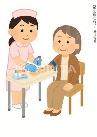 血液検査を受ける高齢女性と看護師のイラスト 128409492