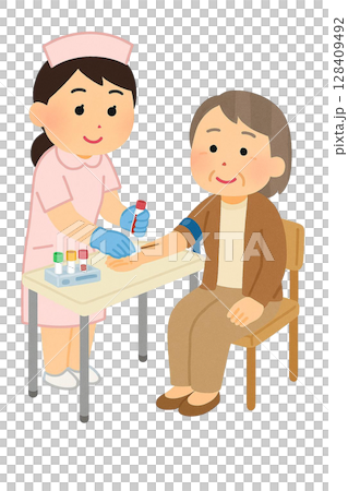 血液検査を受ける高齢女性と看護師のイラスト 128409492