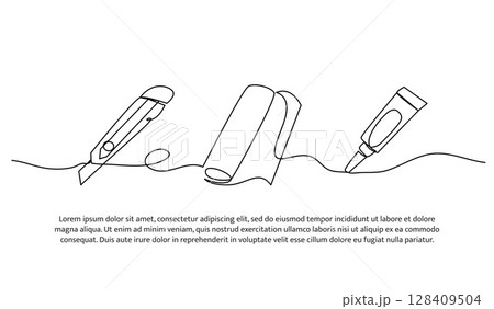 Continuous line design of cutter, paper and glue. Single line decorative element drawn on white. 128409504