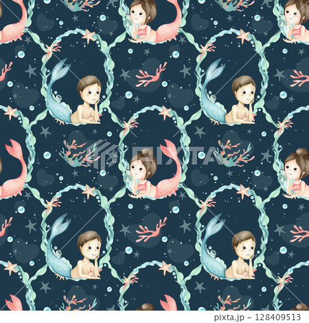 Mermaids girl, boy, seaweed frame, wreath seamless pattern. Sea watercolor children's illustration characters isolated on dark background, heart's shadows. Template for kids decor, packaging, textile Mermaids girl, boy, seaweed frame, wreath seamless pattern. Sea watercolor children's illustration characters isolated on dark background, heart's shadows. Template for kids decor, packaging, textile 128409513