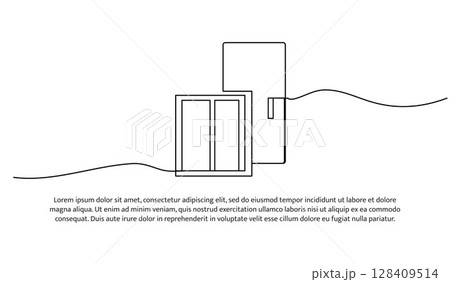 Continuous line design of window and door. Single line decorative element drawn on white. 128409514