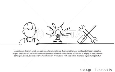 Continuous line design of repair the lamp using a screwdriver. Single line decorative element drawn on white. 128409519