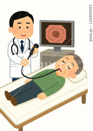 内視鏡検査を受ける高齢男性と医師のイラスト 128409565
