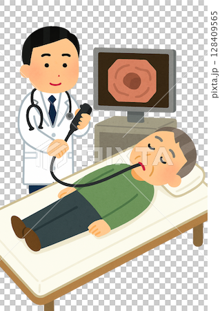 内視鏡検査を受ける高齢男性と医師のイラスト 128409565