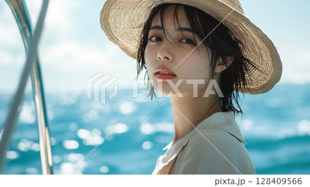 麦わら帽子の女性が海辺で見せる夏のポートレート 128409566