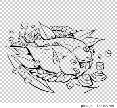 新鮮的魚和貝類線描插圖 128409766