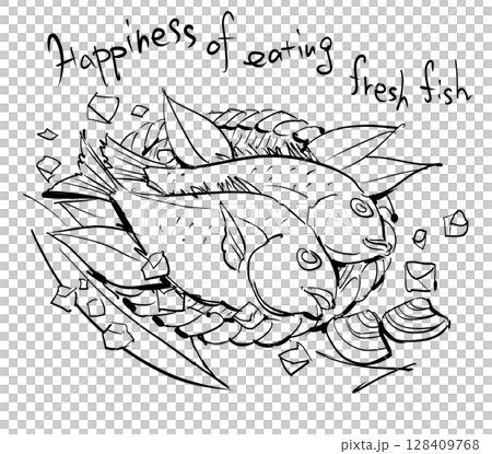 Fresh fish and shellfish line drawing illustration with English letters Fresh fish and shellfish line drawing illustration with English letters 128409768
