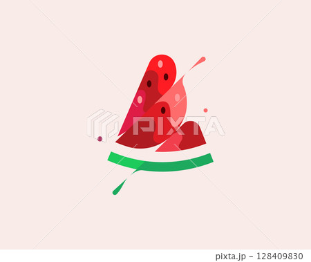 A piece of watermelon vector colorful modern minimal style illustration. Creative icon logo splash concept explosion with drops. Fresh berry vector logo emblem symbol logotype 128409830
