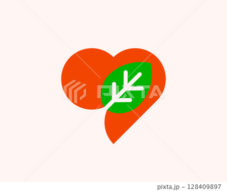 Simple green leaf and heart shape logo. Vector colorful modern minimal style illustration, emblem, symbol, logotype. 128409897
