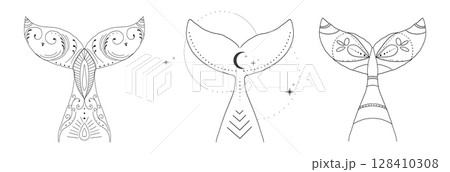 Whale tail with water splash circles stars and moon line sketch minimal geometric tattoo set. Mermaid or ocean mammal with waves vintage. 128410308