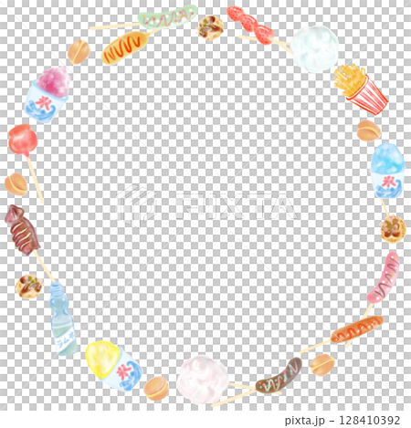かわいい屋台の食べ物フレーム　手描き　リース 128410392