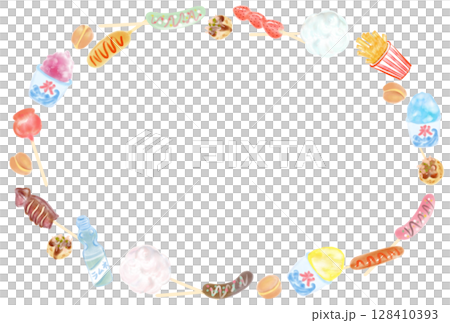 かわいい屋台の食べ物フレーム　手描き　リース 128410393