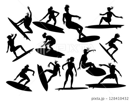 Women Surfers Surfboard Female Surfers Silhouettes Women Surfers Surfboard Female Surfers Silhouettes 128410432