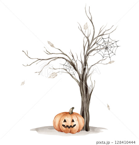 Watercolor illustration Tree without leaves silhouette and pumpkins with a face isolated on white background. Brown dry Trees for Halloween with autumn leaves and grey earth and spider web with spider 128410444