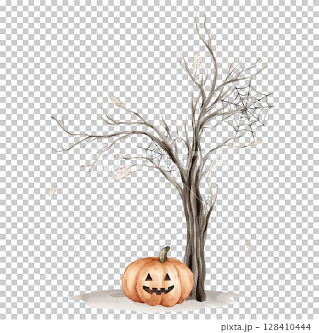 Watercolor illustration Tree without leaves silhouette and pumpkins with a face isolated on white background. Brown dry Trees for Halloween with autumn leaves and grey earth and spider web with spider 128410444