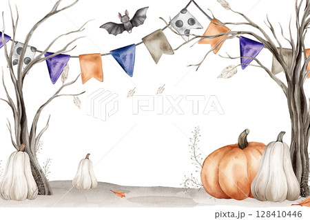 Halloween Banner watercolor illustration with cute black bat. Drawing of autumn frame with garlands and trees on isolated background. Border with pumpkin and fall leaves Halloween Banner watercolor illustration with cute black bat. Drawing of autumn frame with garlands and trees on isolated background. Border with pumpkin and fall leaves 128410446