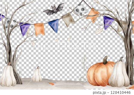 Halloween Banner watercolor illustration with cute black bat. Drawing of autumn frame with garlands and trees on isolated background. Border with pumpkin and fall leaves Halloween Banner watercolor illustration with cute black bat. Drawing of autumn frame with garlands and trees on isolated background. Border with pumpkin and fall leaves 128410446