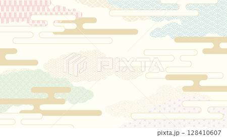 16:9の背景素材:日本の伝統的な柄を集めた霞がかかった雲の形の風景 16:9の背景素材:日本の伝統的な柄を集めた霞がかかった雲の形の風景 128410607