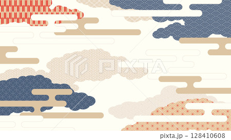 16:9の背景素材：日本の伝統的な柄を集めた霞がかかった雲の形の風景 128410608