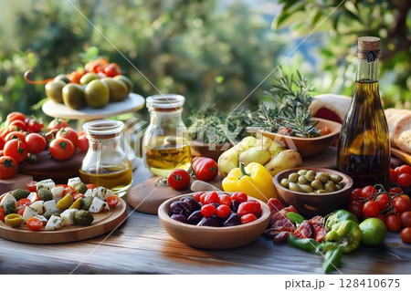 Fresh Mediterranean Ingredients Arranged on a Rustic Table for a Vibrant Culinary Experience in a Sunlit Garden 128410675