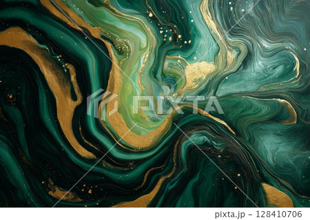 Vibrant Abstract Swirl of Green and Gold Tones in a Fluid Art Composition 128410706