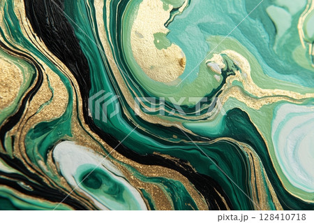 Swirling Green and Gold Abstract Artwork Showcases Fluid Patterns and Textures 128410718