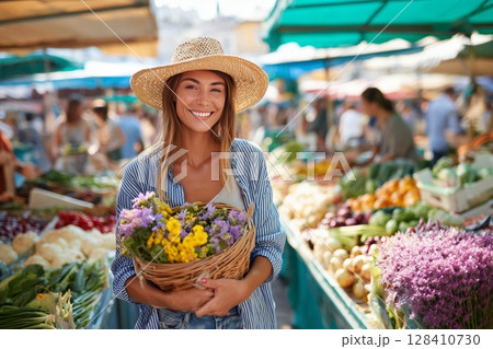 Smiling Woman Holding a Basket of Flowers at a Vibrant Outdoor Market Filled With Fresh Produce 128410730