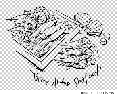 新鮮なイカとエビとサザエとホタテのシーフード線画イラストと英文字 128410740