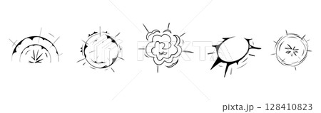 Explosion effect comic manga line sketch horizontal set. Motion anime explode, radial action burst. Round explosions cloud silhouette. 128410823