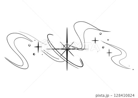 Abstract y2k line star, tattoo aesthetic doodle or sketch. Sparkle swirl silhouette line light, move, trail. Retro space orbit geometric  128410824