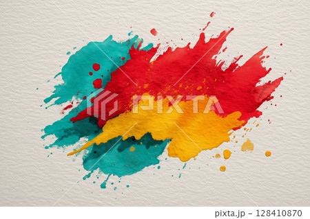 Bright Splashes of Turquoise, Red, and Yellow Paint Create an Abstract Art Piece on Textured Paper Surface 128410870