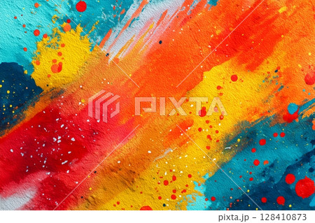 Colorful Abstract Painting With Vibrant Splashes of Red, Yellow, and Blue on Textured Canvas 128410873