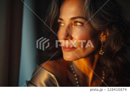 Warm Sunlight Illuminates a Woman's Elegant Features and Graceful Profile Near a Window During Golden Hour 128410874