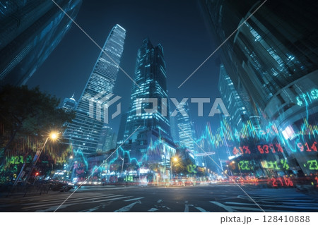 City Skyline Illuminated at Night With Data Overlay Showing Stock Market Trends and Financial Indicators in a Bustling Downtown Area 128410888