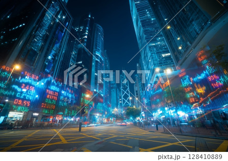 Vibrant Cityscape at Night Showcasing Illuminated Financial District With Dynamic Stock Market Displays 128410889