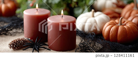 Dark red candles glow on a gothic table adorned with pumpkins, spider webs, and vampire-themed decorations for Halloween festivities Dark red candles glow on a gothic table adorned with pumpkins, spider webs, and vampire-themed decorations for Halloween festivities 128411161